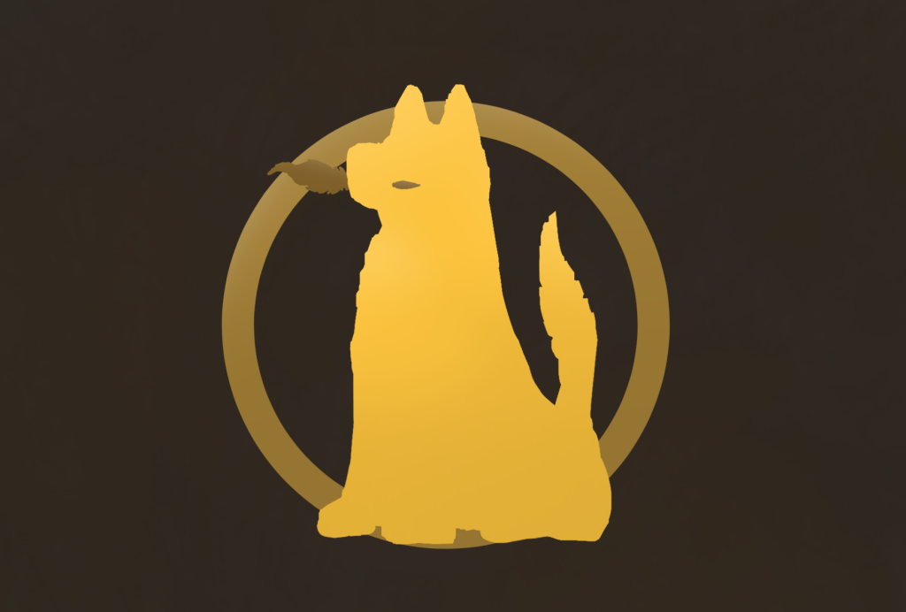 Husky holding a feather pen--parody of the Mockingjay pin from Hunger Games book series. Illustration by Cole Martin.