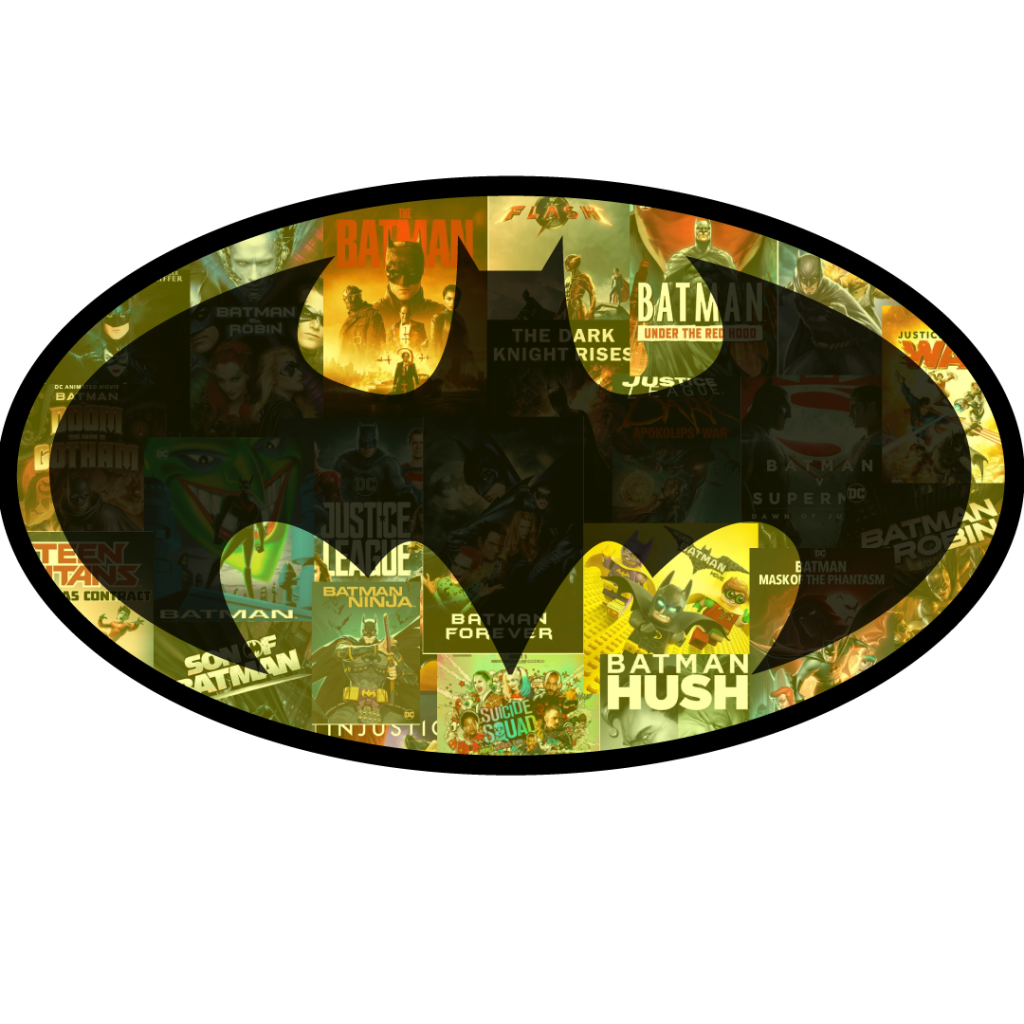A collage made by movie posters of all “Batman” movies or movies the hero appears in forming the first Bat symbol. Collage by Cameron. Posters by DC Studios, Warner Brothers’ Animation Studio, and Warner Brothers’ Entertainment in the collection and Instagram.