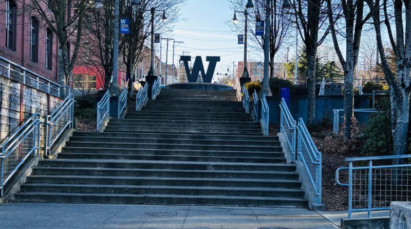 Photo of the “W” on UW Tacoma’s campus taken from the Prairie Line Trail.