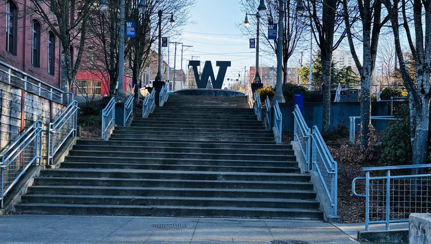 Photo of the “W” on UW Tacoma’s campus taken from the Prairie Line Trail.